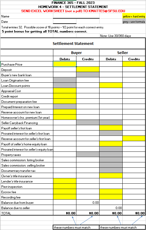 Name Date FINANCE 365 - FALL 2023 HOMEWORK 4 - SETTLEMENT STATEMENT