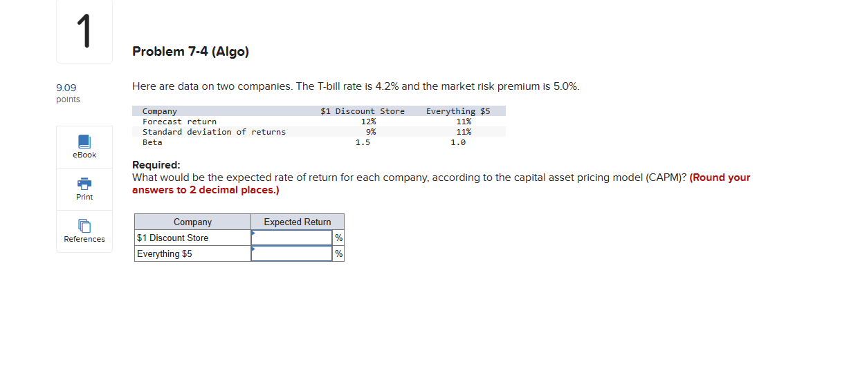 1 9.09 points Problem 7-4 (Algo) Here are data on two companies.
