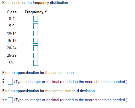 First construct the frequency distribution. Class Frequency, f 0-4 5-9 10-14 15-19
