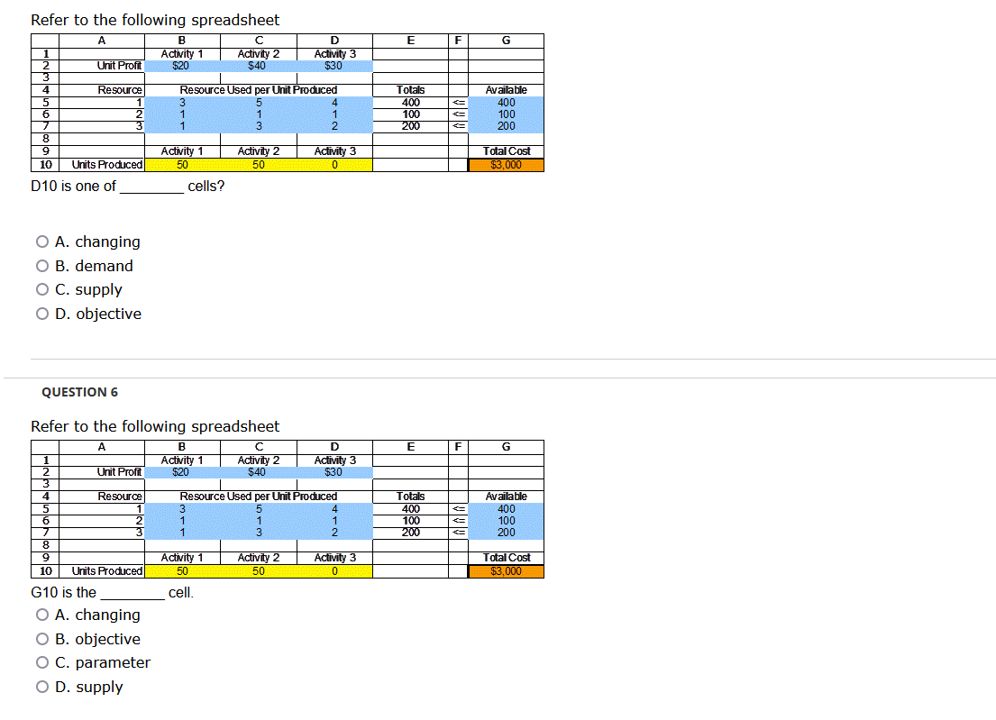 Refer to the following spreadsheet A B C D E F G