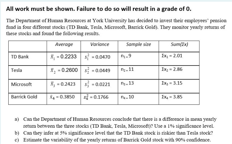 All work must be shown. Failure to do so will result in