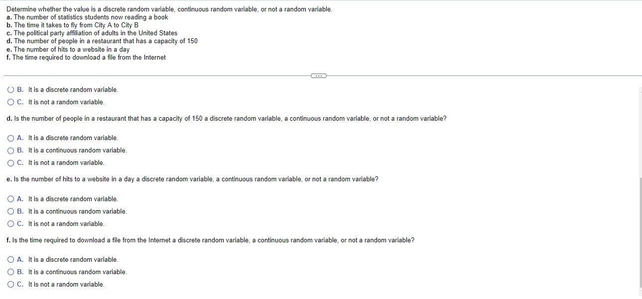Determine whether the value is a discrete random variable, continuous random variable,