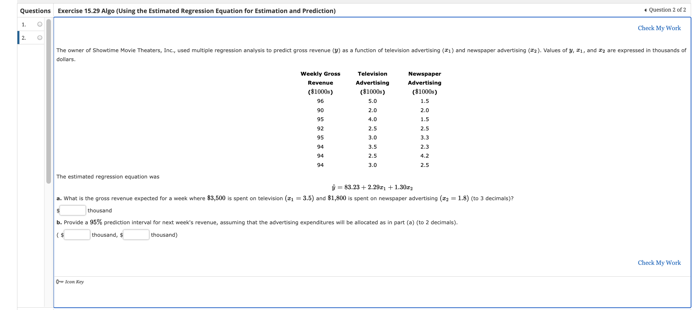Questions Exercise 15.29 Algo (Using the Estimated Regression Equation for Estimation and