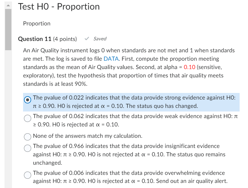 Test HO-Proportion Proportion Question 11 (4 points) Saved An Air Quality instrument