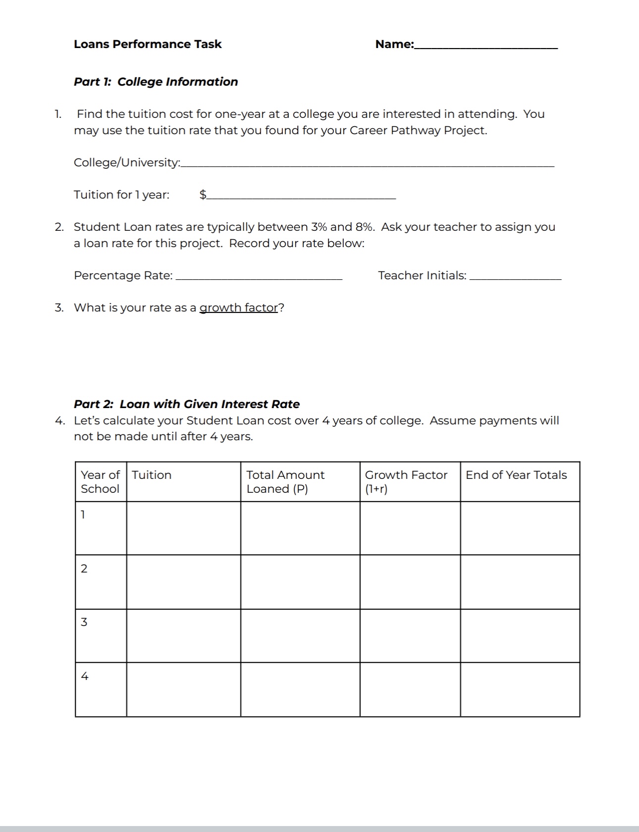 Loans Performance Task Part 1: College Information Name: 1. Find the tuition