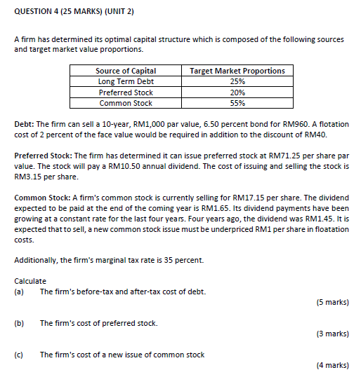 QUESTION 4 (25 MARKS) (UNIT 2) A firm has determined its optimal
