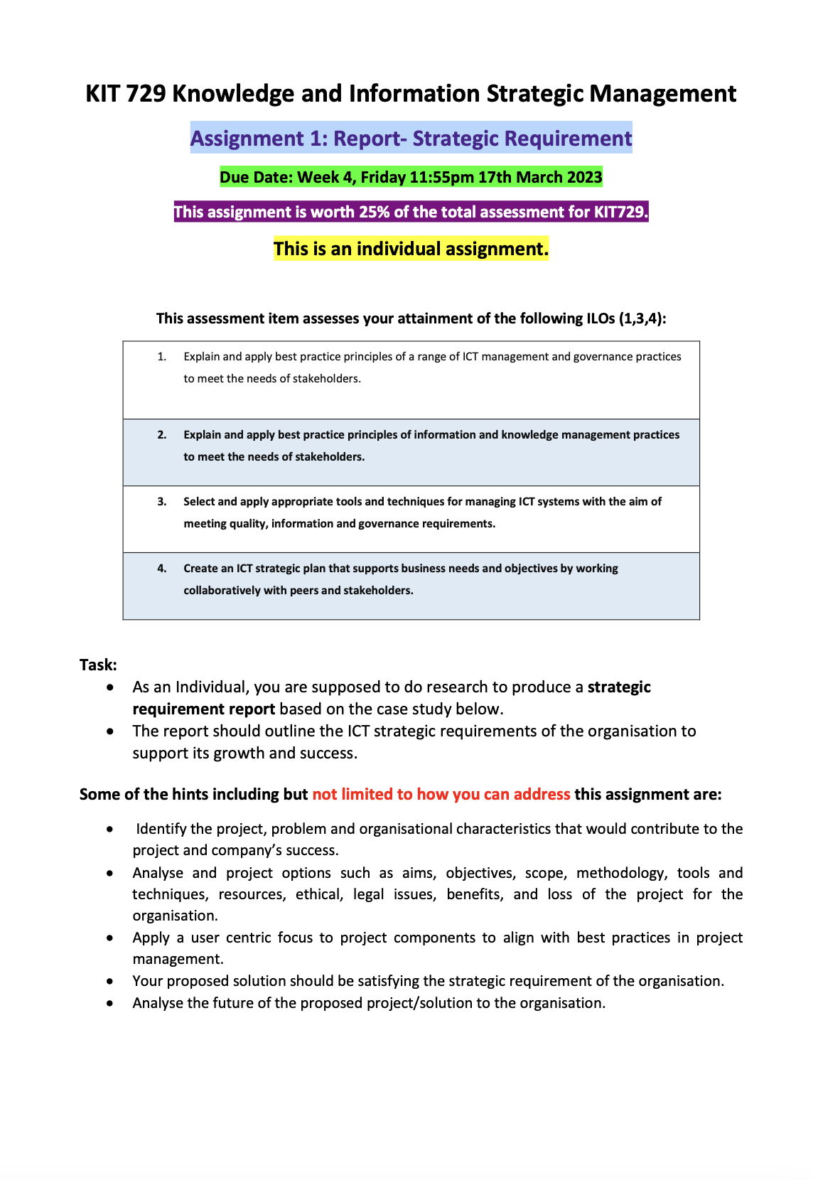 KIT 729 Knowledge and Information Strategic Management Assignment 1: Report- Strategic Requirement
