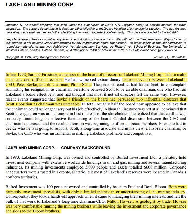 LAKELAND MINING CORP. Jonathon D. Kovacheff prepared this case under the supervision