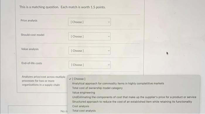 This is a matching question. Each match is worth 1.5 points. Price