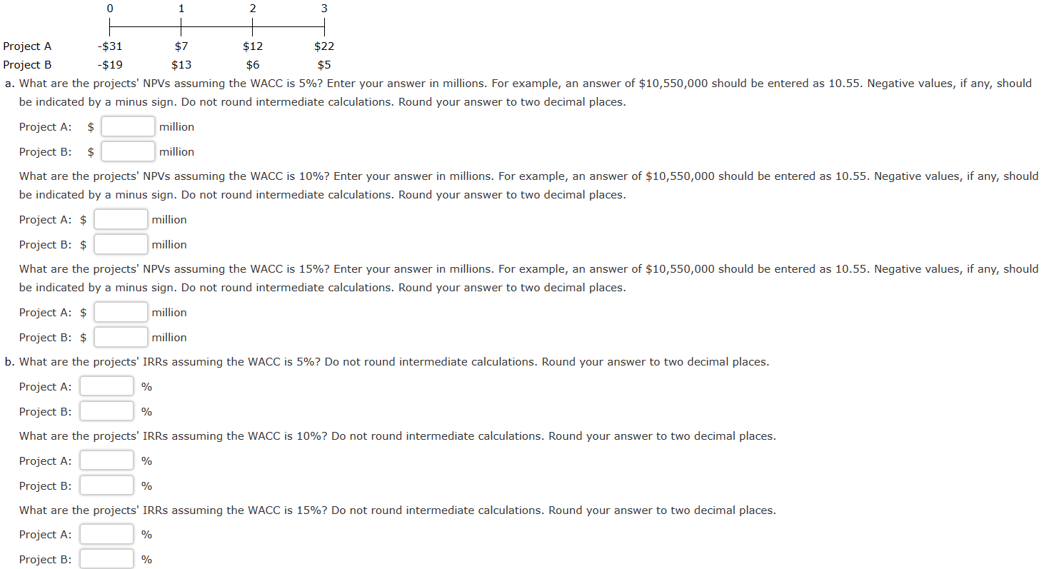 0 2 3 Project A -$31 Project B -$19 $7 $13 $12