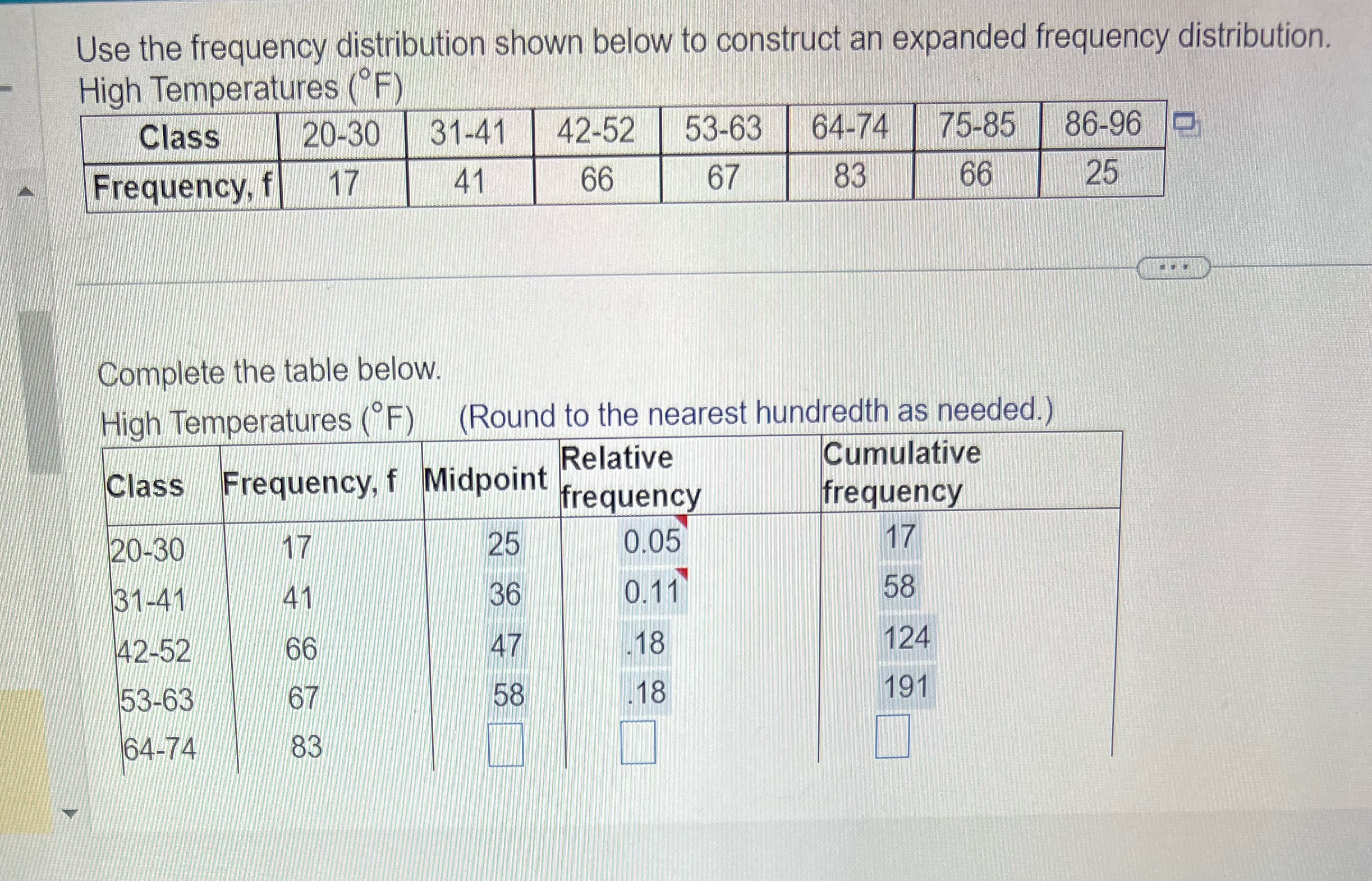 Use the frequency distribution shown below to construct an expanded frequency distribution.