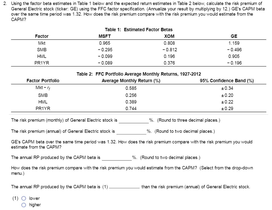 2. Using the factor beta estimates in Table 1 below and the