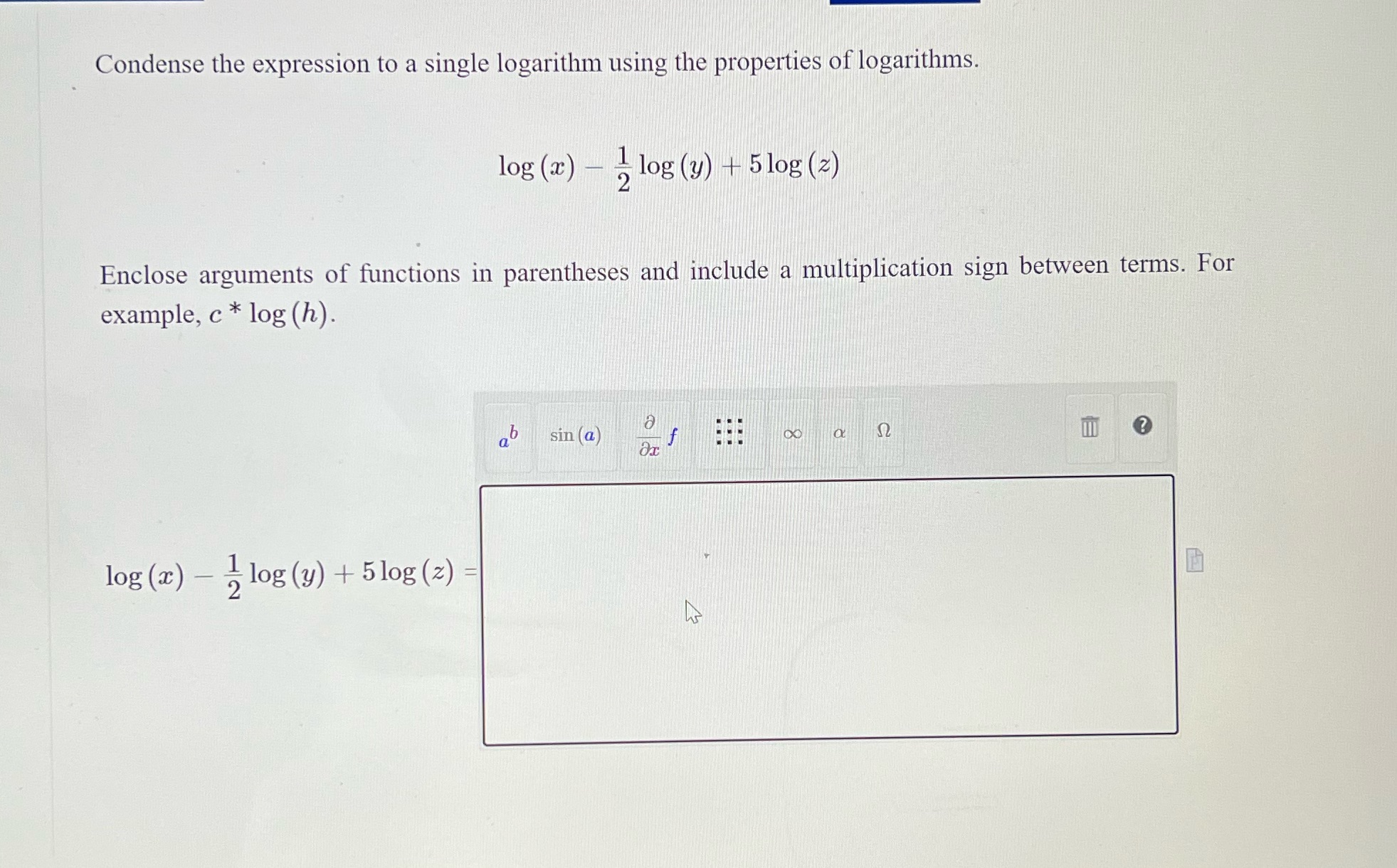 Condense the expression to a single logarithm using the properties of logarithms.
