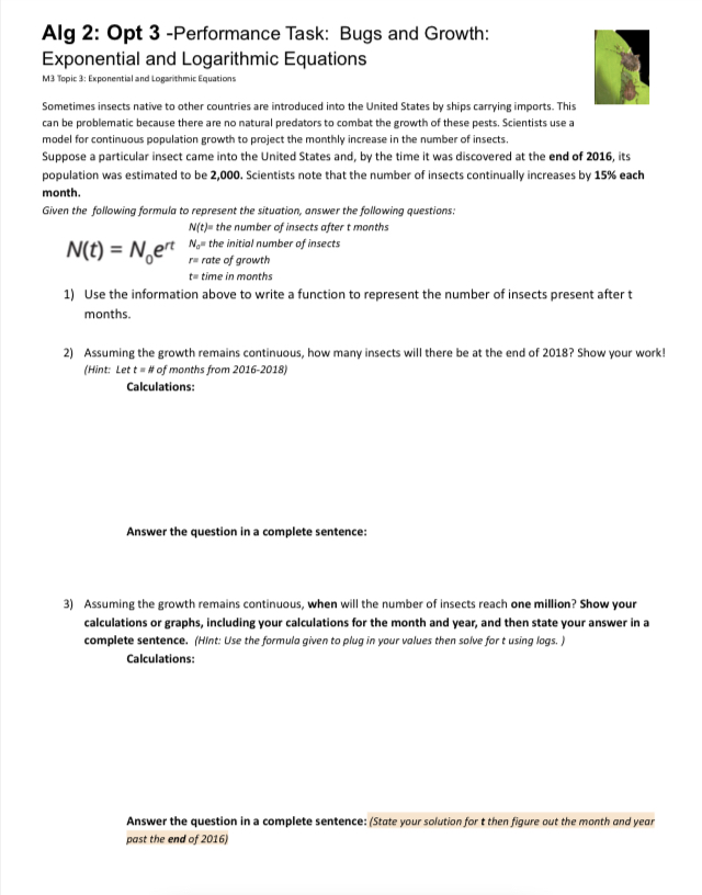 Alg 2: Opt 3 -Performance Task: Bugs and Growth: Exponential and Logarithmic