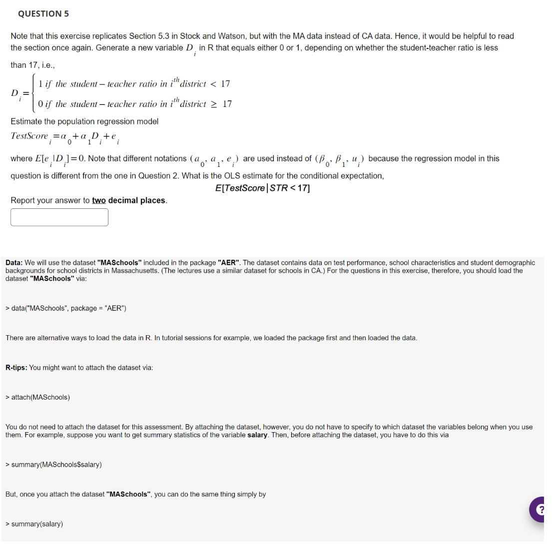 QUESTION 5 Note that this exercise replicates Section 5.3 in Stock and