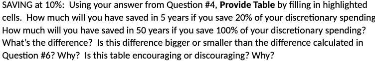 SAVING at 10%: Using your answer from Question #4, Provide Table by