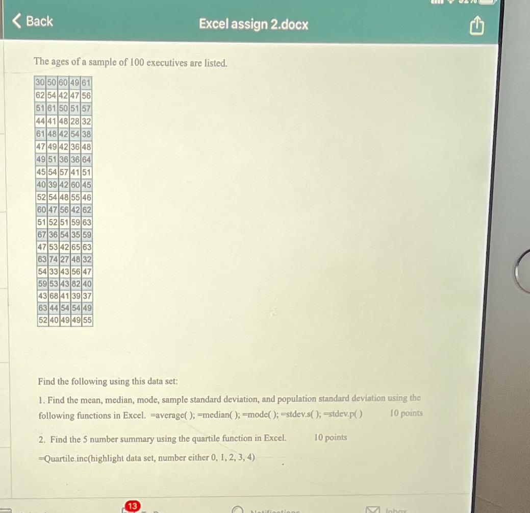 < Back Excel assign 2.docx The ages of a sample of 100