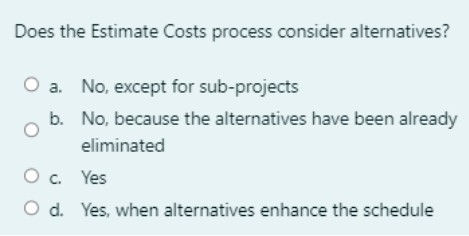 Does the Estimate Costs process consider alternatives? O a. No, except for