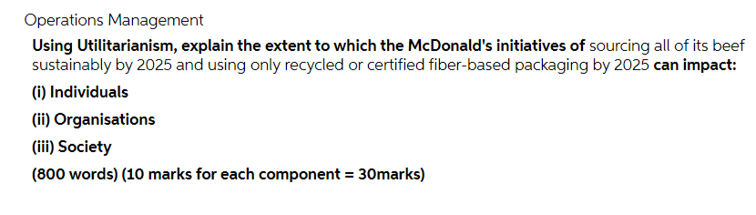 Operations Management Using Utilitarianism, explain the extent to which the McDonald's initiatives