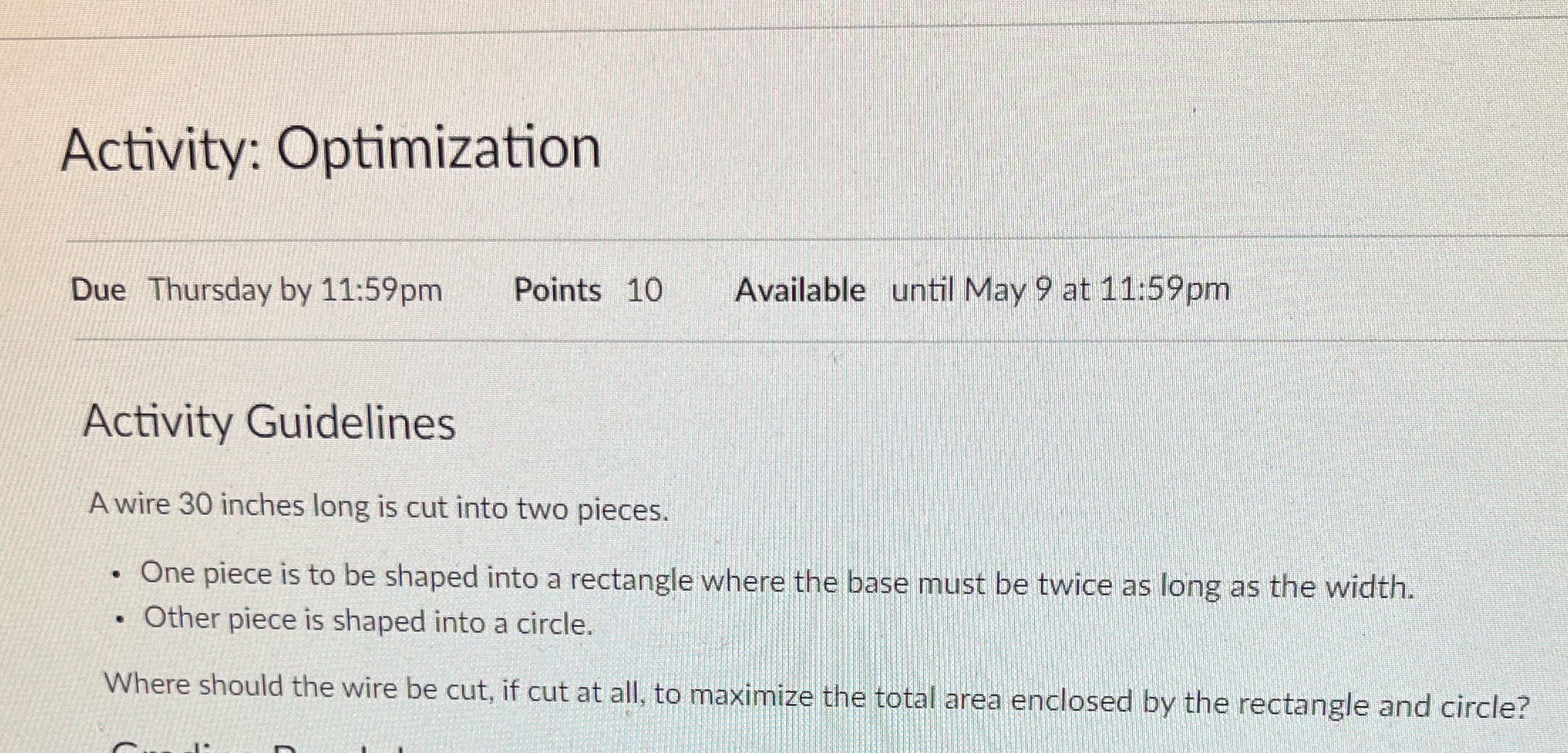 Activity: Optimization Due Thursday by 11:59pm Points 10 Available until May 9