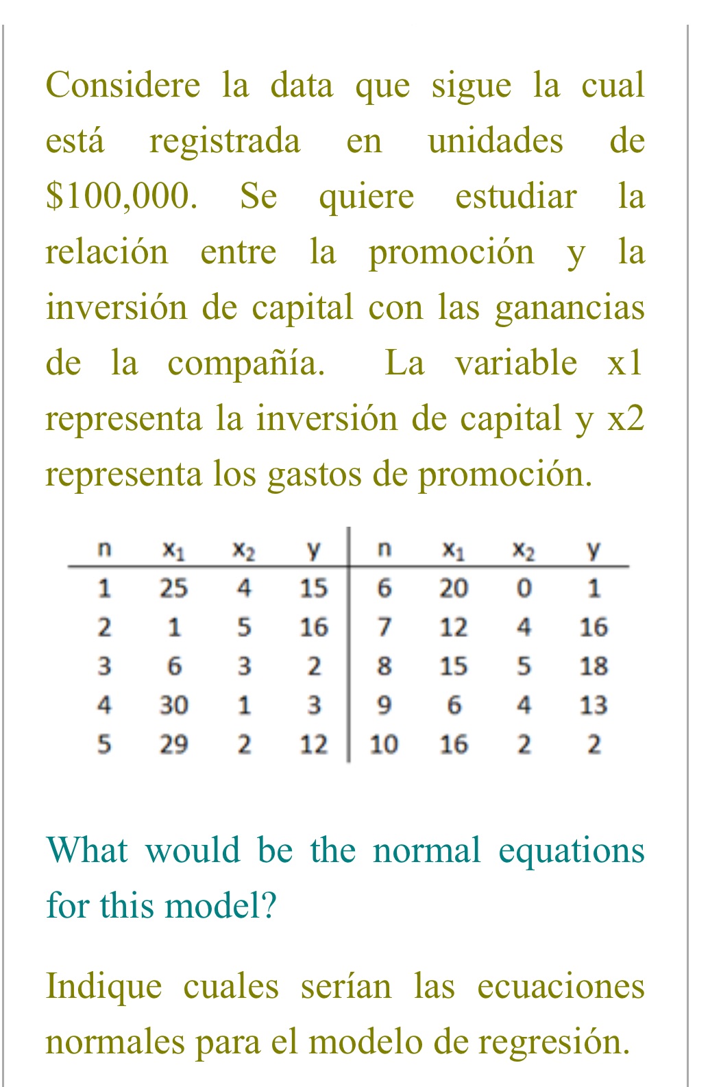 Considere la data que sigue la cual est registrada en unidades de