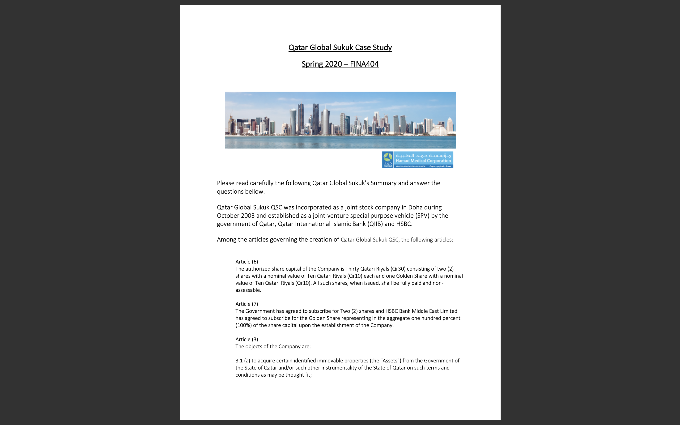 Qatar Global Sukuk Case Study Spring 2020- FINA404 Hamad Medical Corporation Hamad