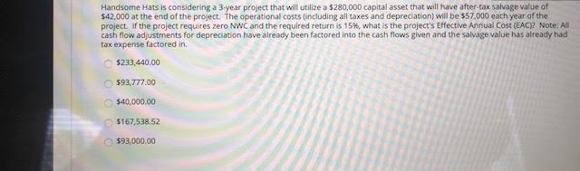 Handsome Hats is considering a 3-year project that will utilize a $280,000