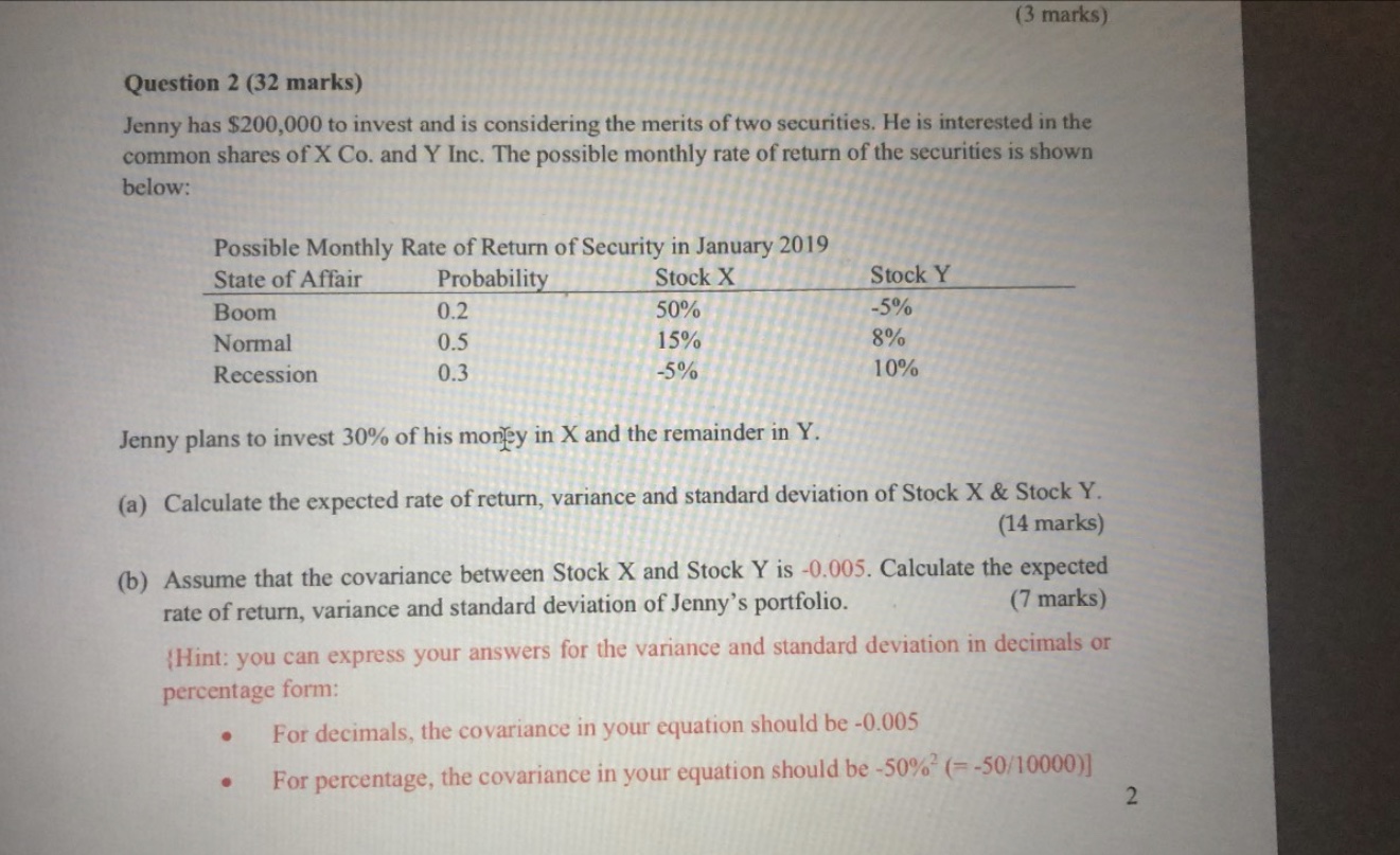 (3 marks) Question 2 (32 marks) Jenny has $200,000 to invest and