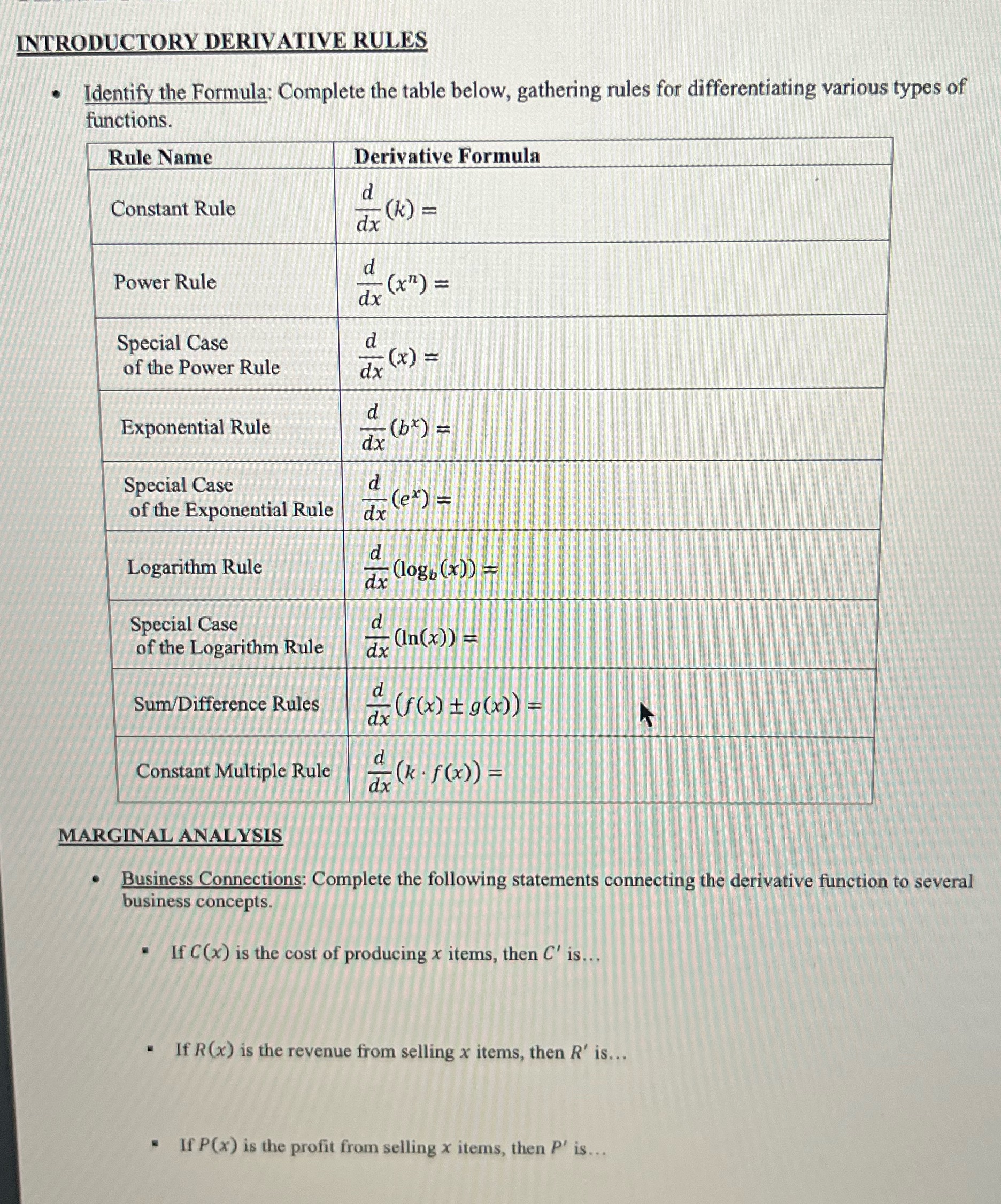 INTRODUCTORY DERIVATIVE RULES Identify the Formula: Complete the table below, gathering rules
