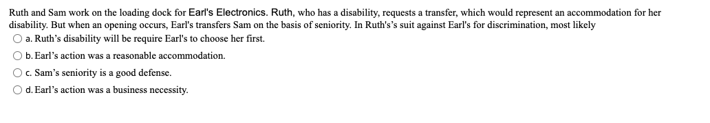 Ruth and Sam work on the loading dock for Earl's Electronics. Ruth,