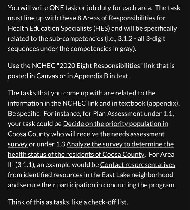 You will write ONE task or job duty for each area. The