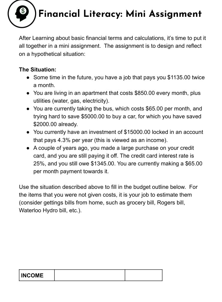 Financial Literacy: Mini Assignment After Learning about basic financial terms and calculations,