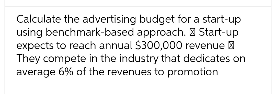 Calculate the advertising budget for a start-up using benchmark-based approach. Start-up expects