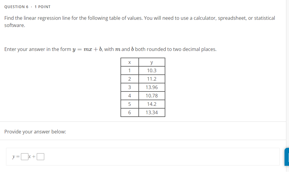 QUESTION 6. 1 POINT Find the linear regression line for the following