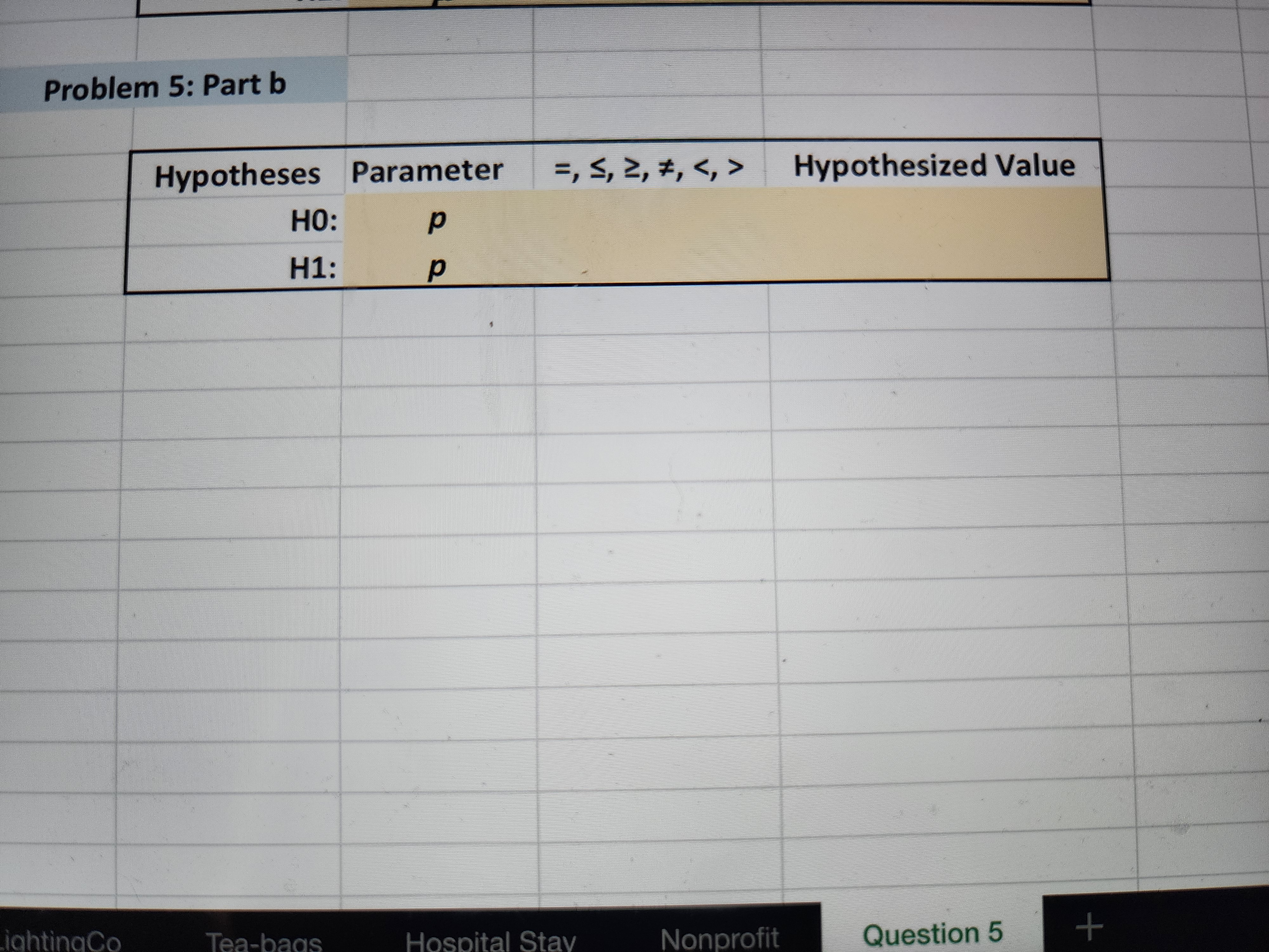 Problem 5: Part b Hypotheses Parameter =, , , , Hypothesized Value