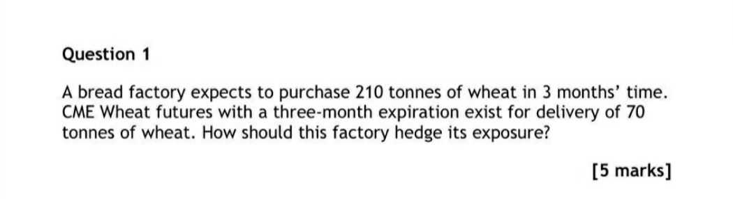 Question 1 A bread factory expects to purchase 210 tonnes of wheat