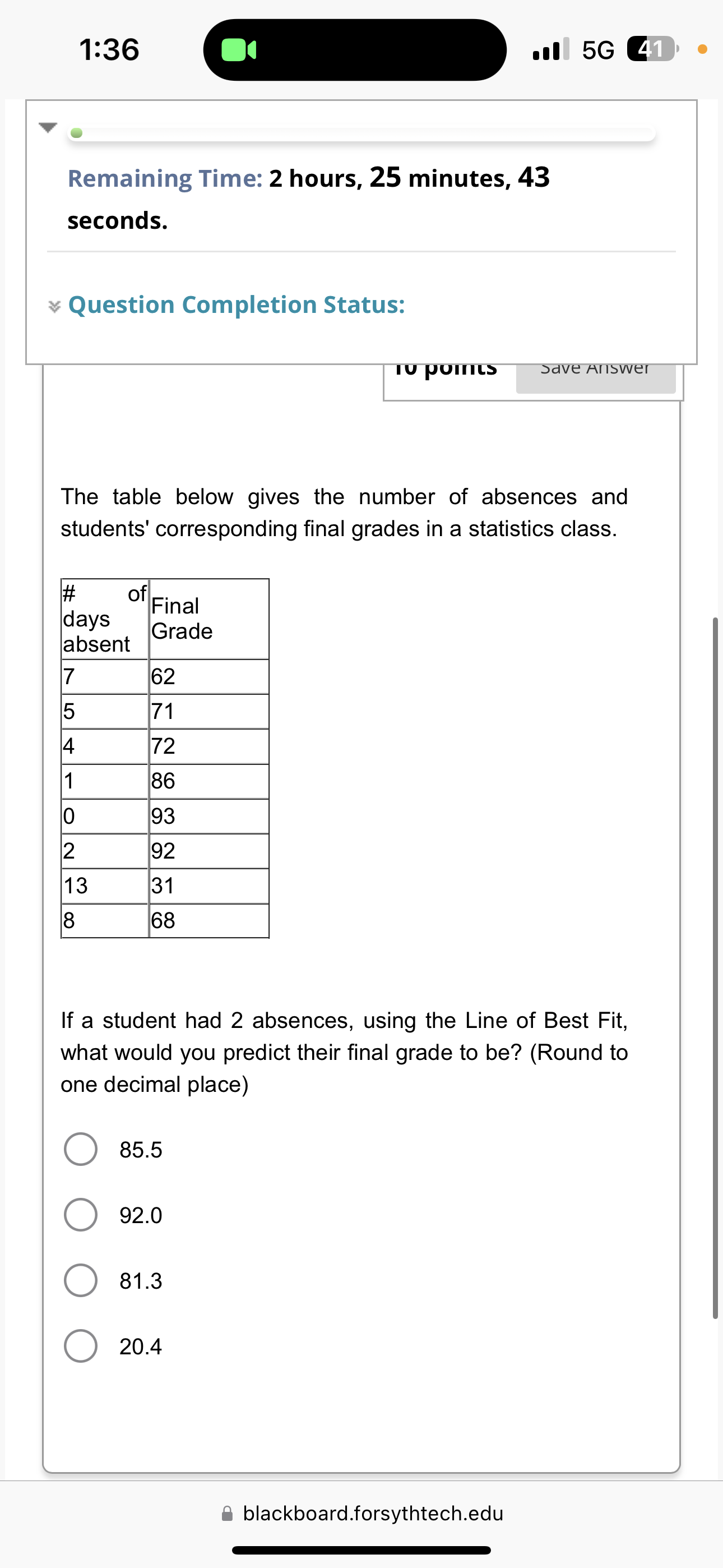 Data C. Continuous Data D. Discrete Data AA blackboard.forsythtech.edu 1:33 Remaining Time: