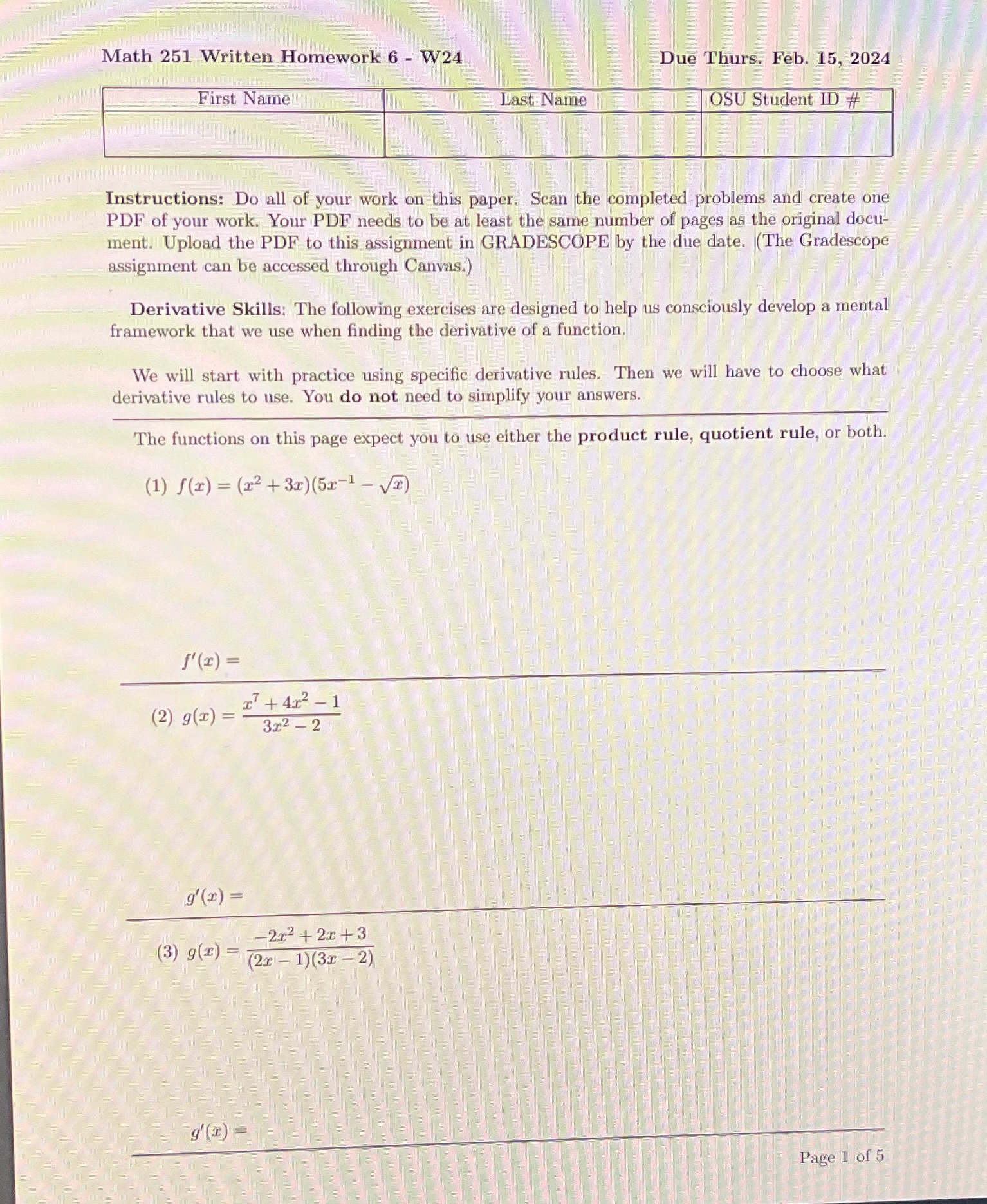 Math 251 Written Homework 6 - W24 First Name Last Name Due