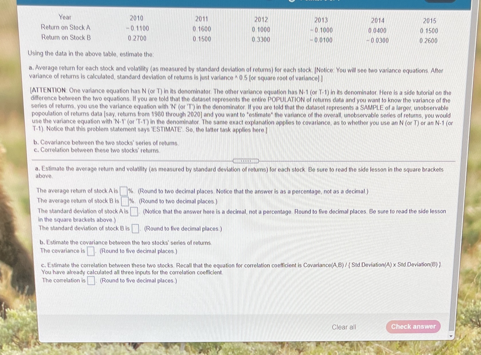 Year 2010 2011 2012 2013 2014 2015 Return on Stock A Return
