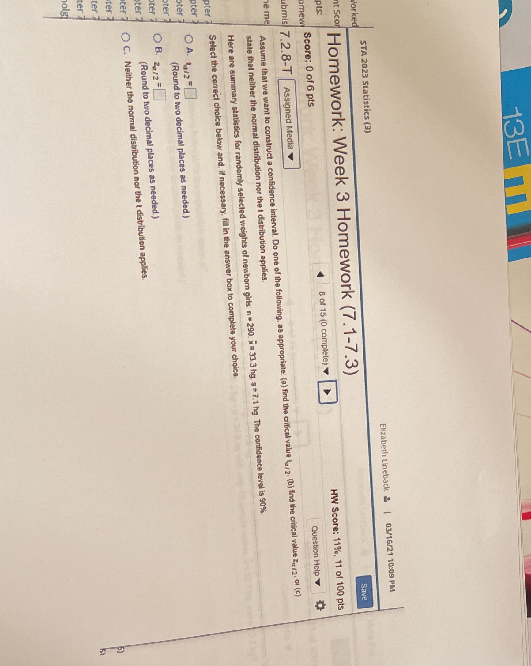 13E Worked STA 2023 Statistics (3) nt Scor Homework: Week 3 Homework