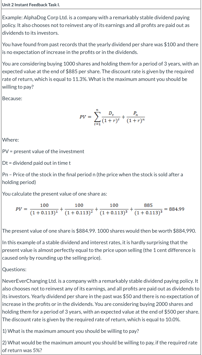 Unit 2 Instant Feedback Task I. Example: AlphaDog Corp Ltd. is a