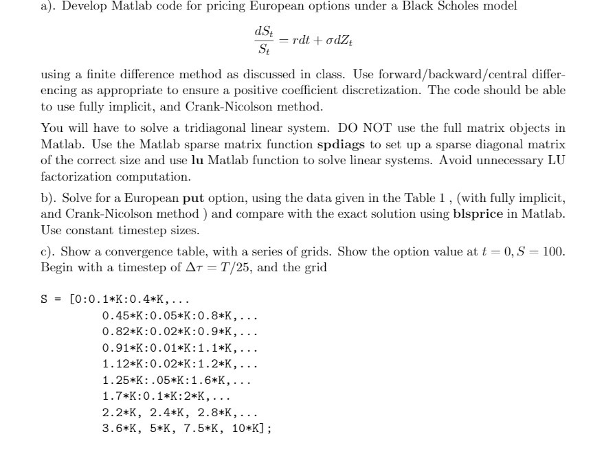 a). Develop Matlab code for pricing European options under a Black Scholes