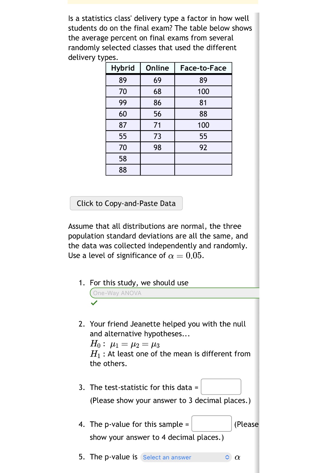Is a statistics class' delivery type a factor in how well students