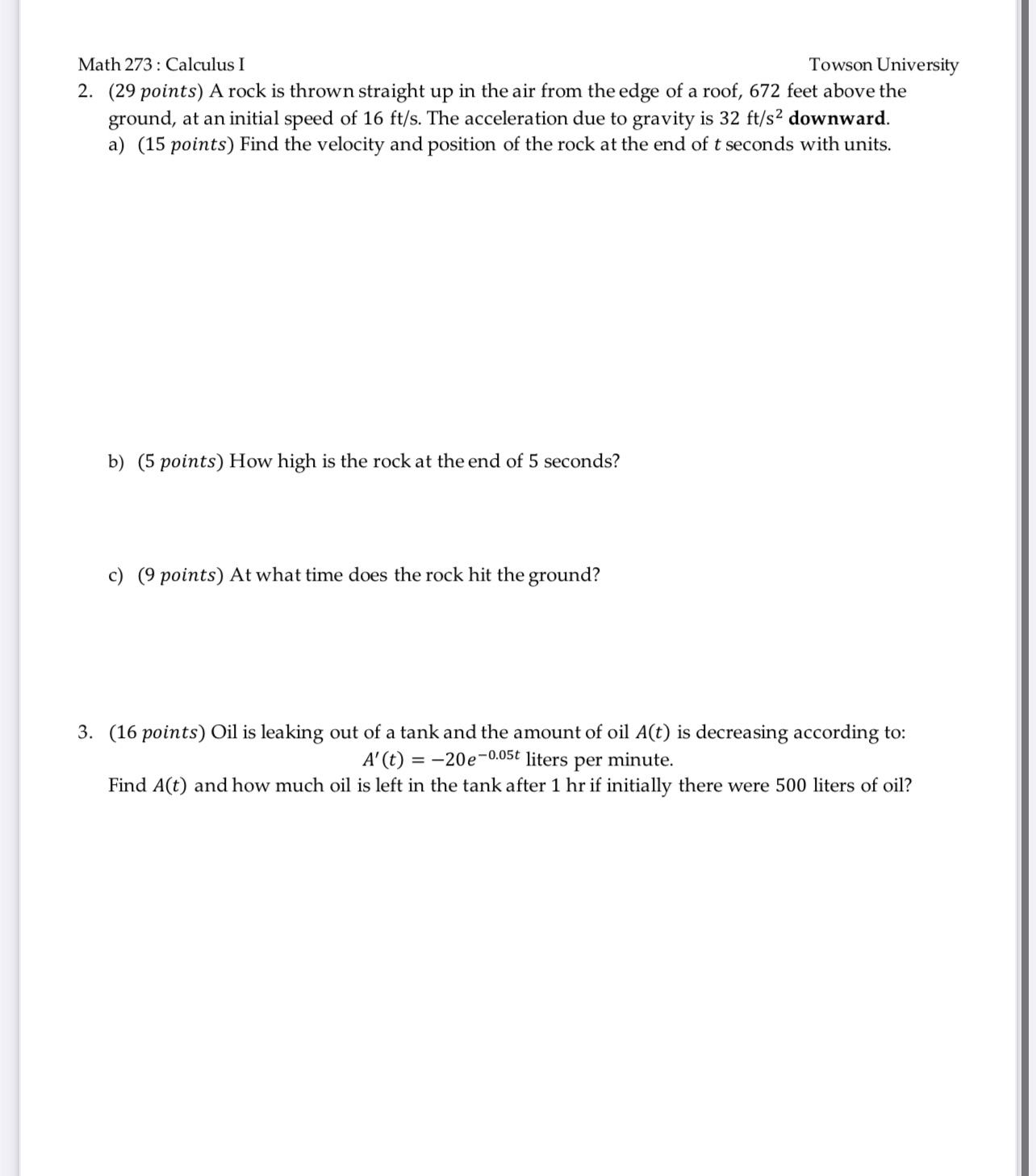 Math 273 Calculus I Towson University 2. (29 points) A rock is