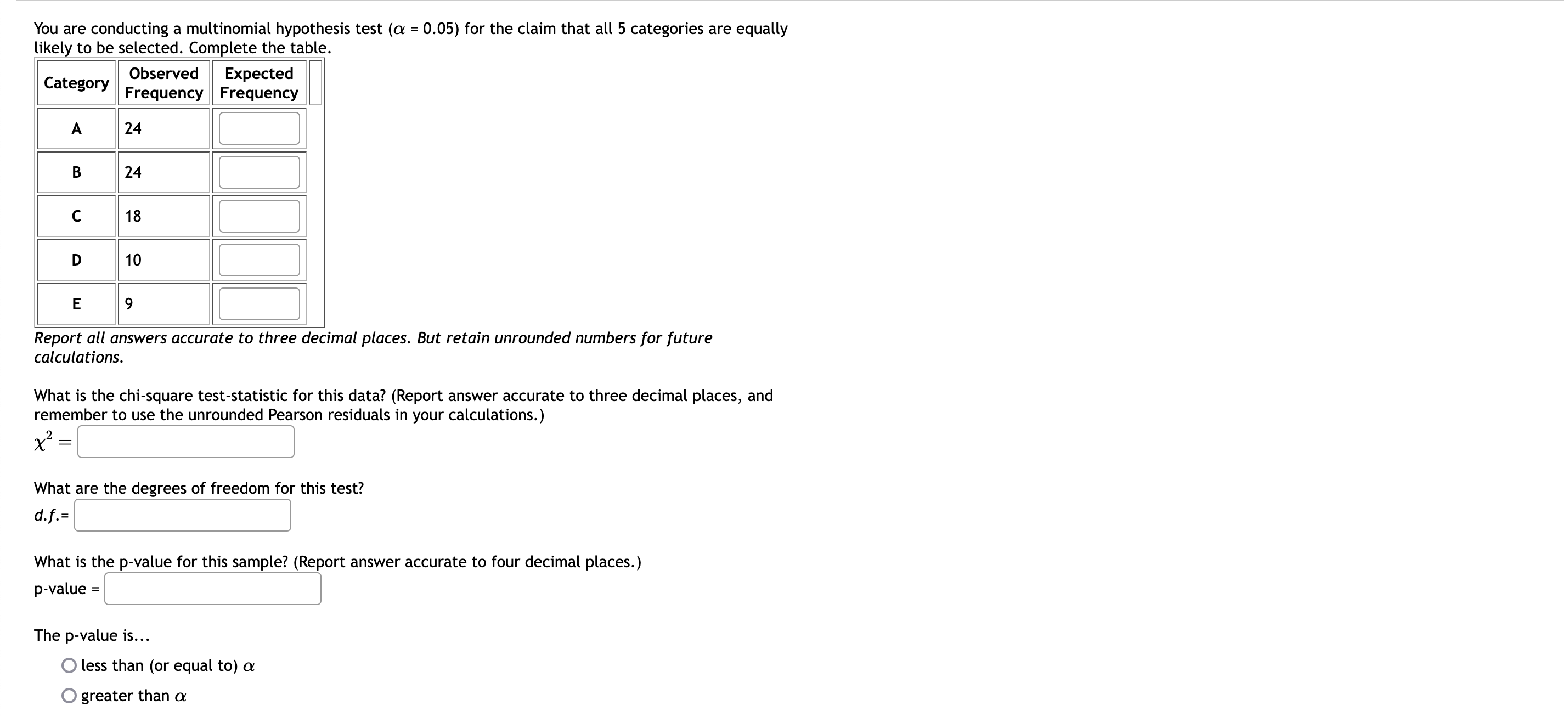 You are conducting a multinomial hypothesis test ( = 0.05) for the