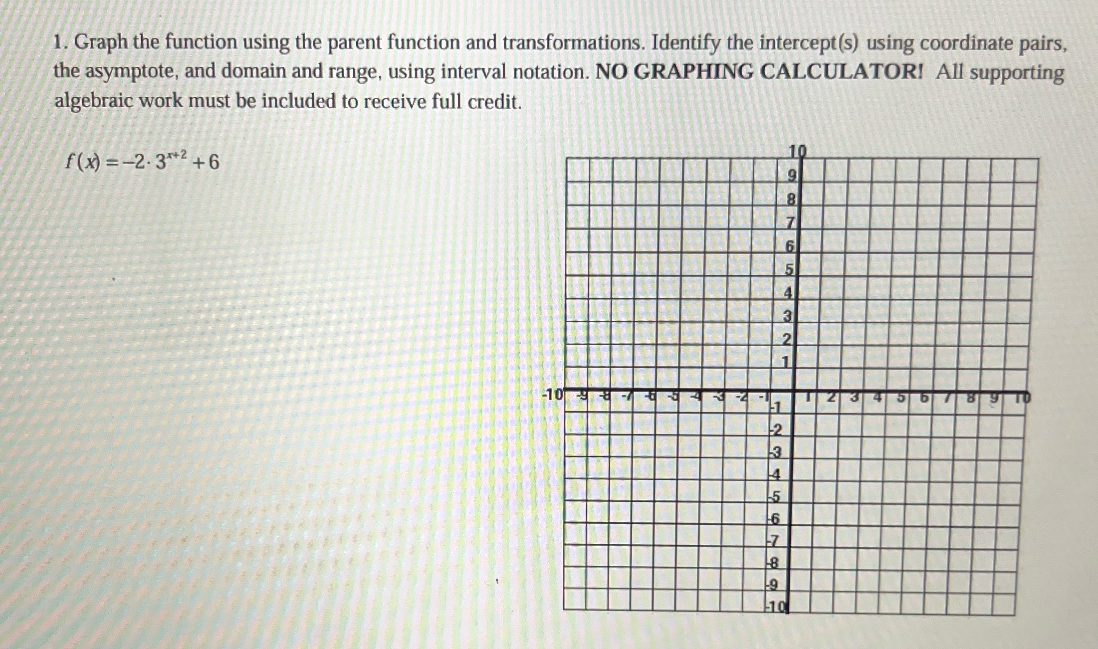 1. Graph the function using the parent function and transformations. Identify the