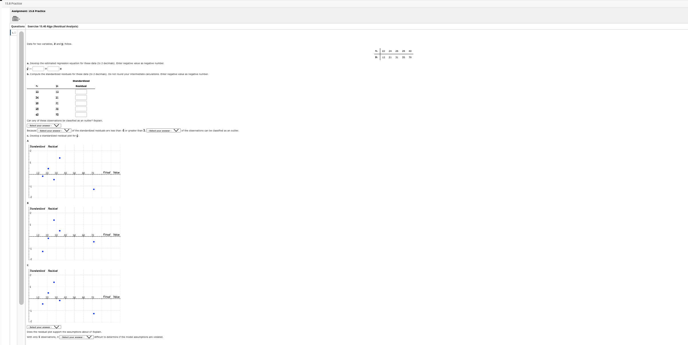 15.8 Practice Assignment: 15.8 Practice Questions Exercise 15.40 Algo (Residual Analysis) 1.0