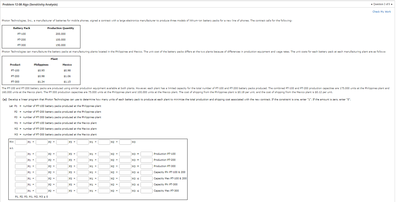 Problem 12-08 Algo (Sensitivity Analysis) Question 2 of 5 Check My Work