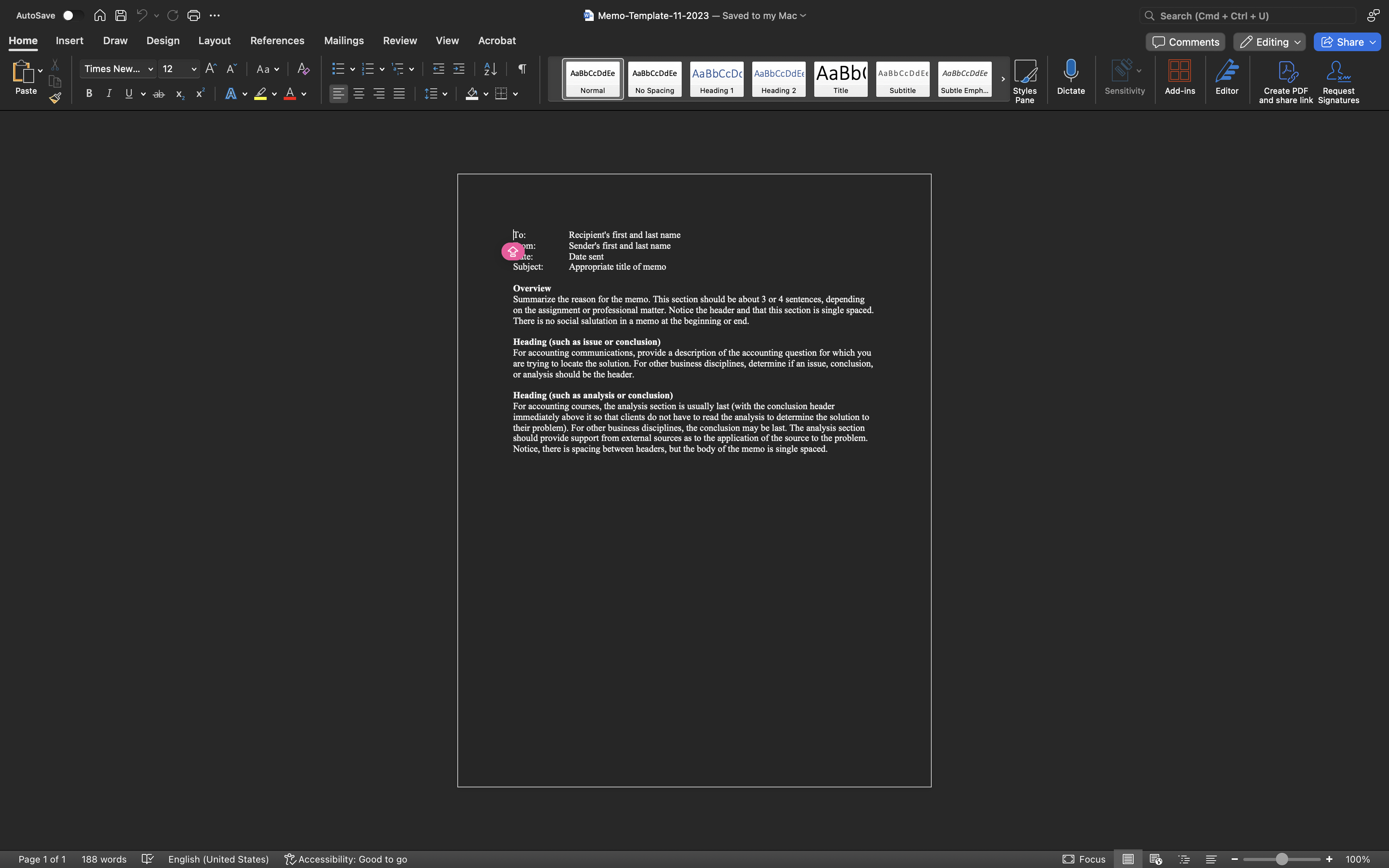 AutoSave Home Insert Draw Design Layout References Times New... v 12 G
