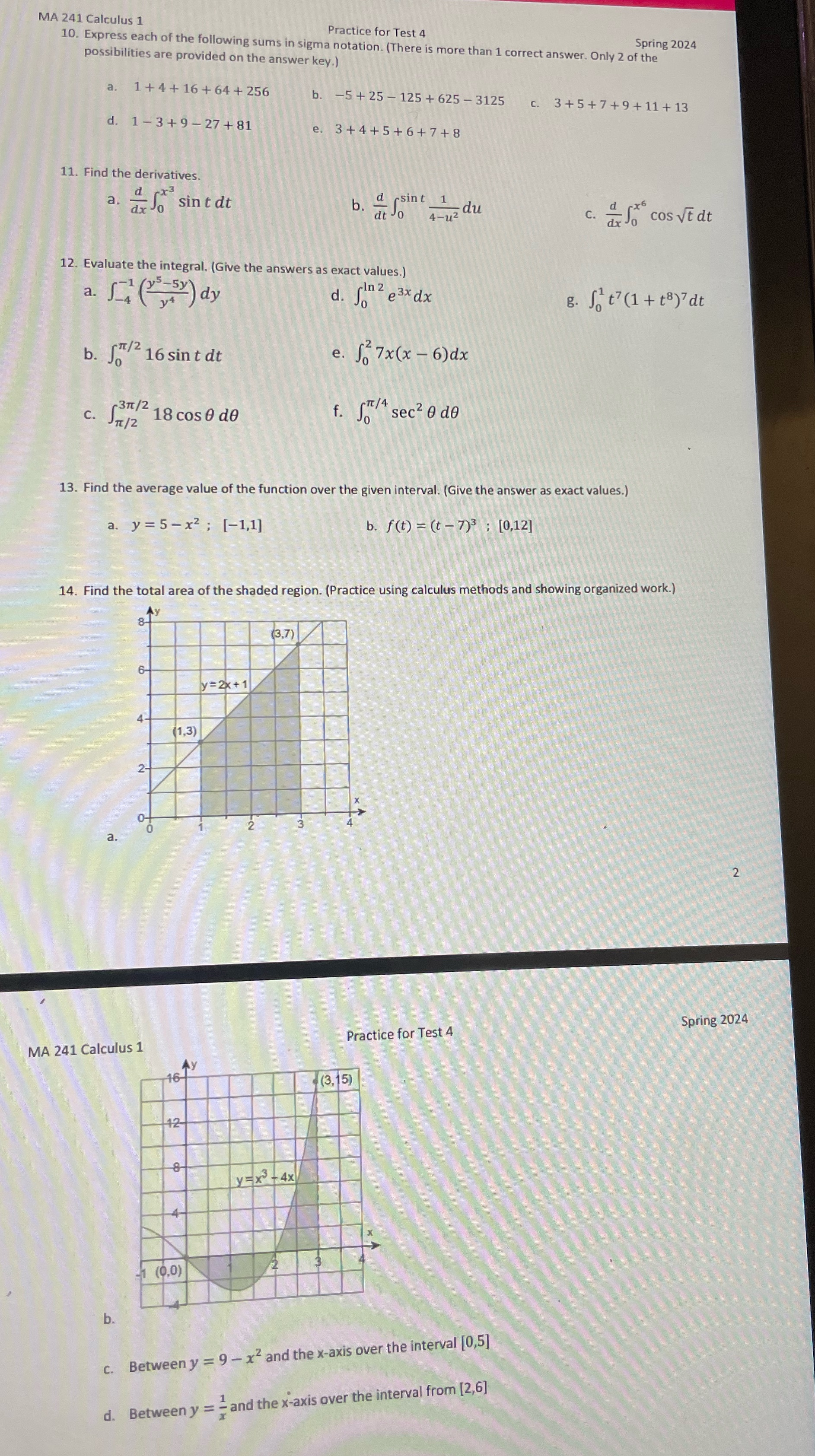 MA 241 Calculus 1 Spring 2024 Practice for Test 4 10. Express